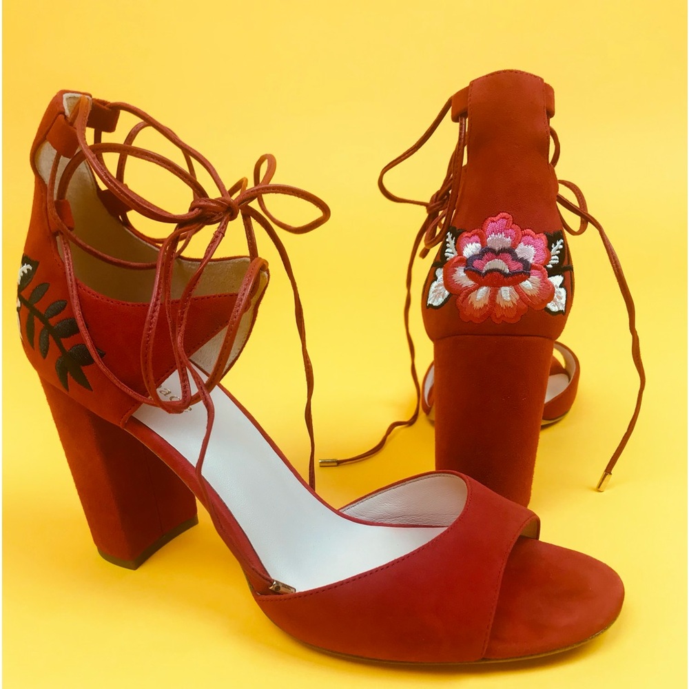 Red Kate Spade Oasis Lace Up Floral Embroidered Suede Heels
